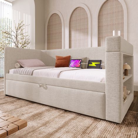Lit banquette capitonné 90x190 cm - avec lit gigogne 90x190 cm - avec USB et Type-C - avec porte-gobelet - Beige (sans matelas)