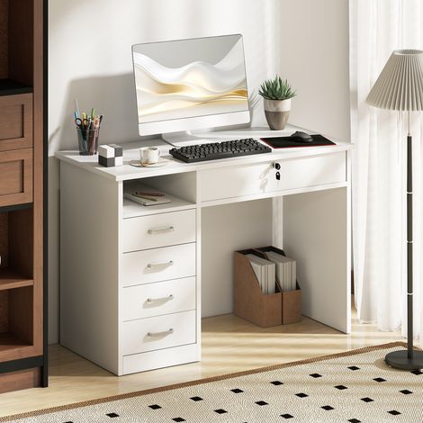 Scrivania per Camera o Ufficio in Legno con 2 Cassetti e 2 Chiavi, 110x50x76cm - Bianco (1/5)