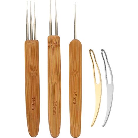 Juego de 5 ganchos de ganchillo, acero inoxidable, mango de bambú, herramienta para tejer rastas y trenzas. (1/5)