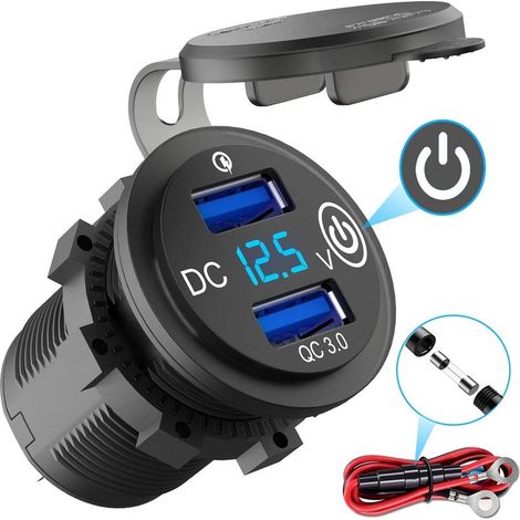Enchufe USB para coche Quick Charge 3.0 con interruptor, cargador de coche de 12 V con enchufe USB integrado, enchufe impermeable con pantalla de voltaje y voltímetro LED azul para motocicleta, barco, (1/5)
