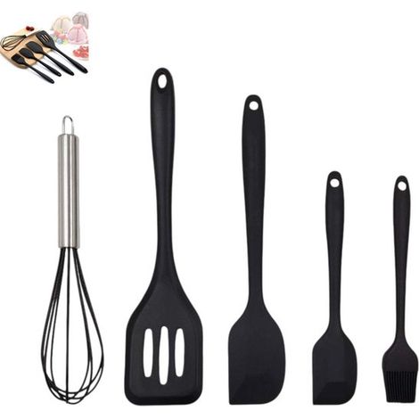 Ensemble de 5 pièces en silicone : spatule, pinceau et fouet avec fente. Batterie de cuisine 5 pièces en silicone. Ustensiles de cuisine. Batterie de cuisine en silicone. Antiadhésif et résistant à la (1/5)