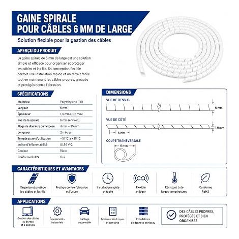 Tuyau spiralé blanc 6 mm - Tube d'organisation de câbles flexible pour la gestion des câbles - TV, PC, bureau, maison, atelier, câbles réseau (1/4)