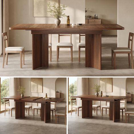 Mesa de comedor extensible de 120–160 cm con patas verticales en forma de V con ranuras, rectangular, disponible en 2 colores: roble claro/nogal. (1/5)