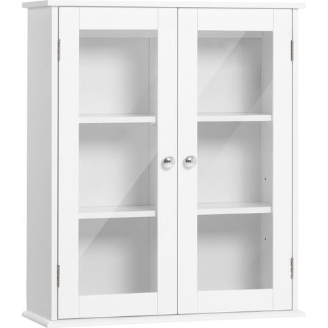 Armoire de salle de bain haute avec 2 portes vitrées, étagère réglable, 55 x 20 x 65 cm, blanche (1/5)