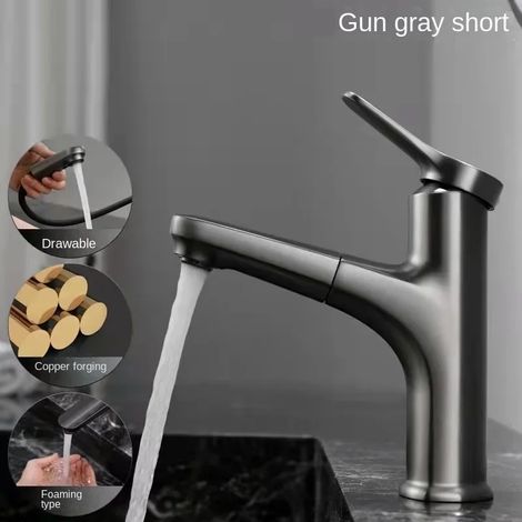 (Gris anthracite) Robinet d'eau chaude et froide, corps de vanne en laiton, robinet de lavabo multifonctionnel extractible, robinet de lavabo à poignée unique, accessoires de salle de bain (1/5)