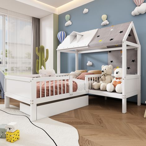 Letto a soppalco in legno massello e MDF bianco 90x200 cm con scrivania estraibile, divanetto contenitore e rete inclusa