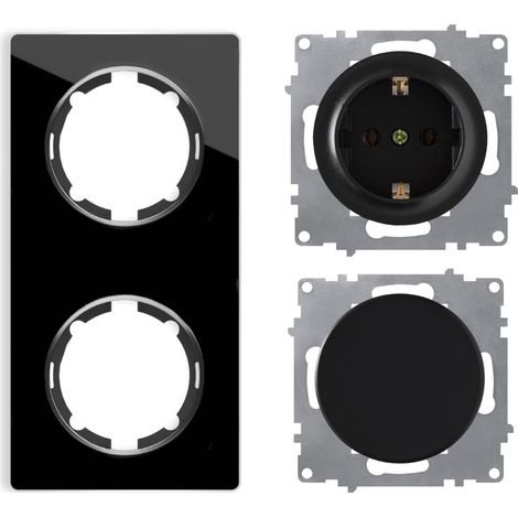 Plaque de finition 2 postes Garda, vertical + 1 Interrupteur simple allumage + 1 Prise avec terre - noir