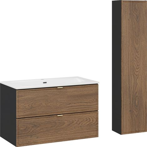 Waschtisch und Hängesäule 80cm Elena mit 2 Schubladen, Holzoptik und Schwarz