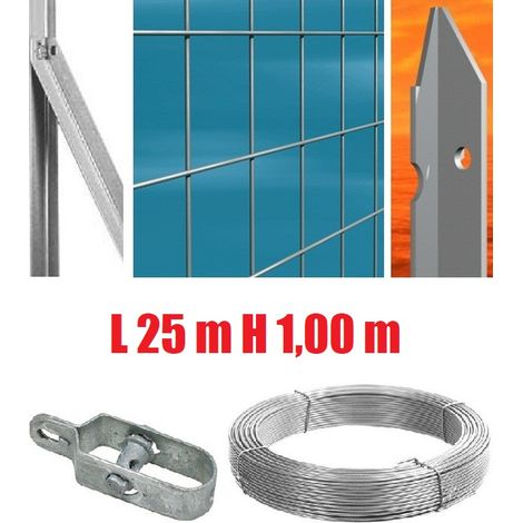 Recinzione Completa 25mt Lineari Rete Metallica Zincata (Rete h100 cm) (Maglia:mm75X50) con Paletti Posti nel Cemento (1/3)