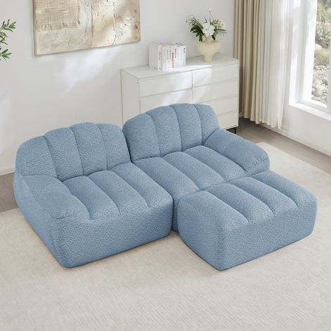 Canapé d’angle modulare in pile granulato blu con pouf, senza montaggio (1/5)