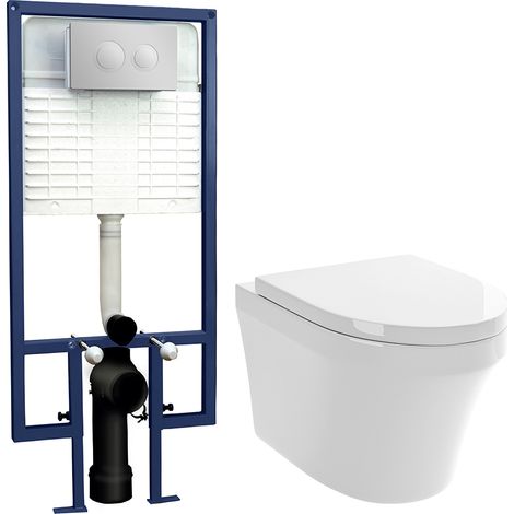 Hopwas Round Wall Hung Toilet Pan, Soft Close Seat & Concealed Cistern with Round Push Button Plate, 400mm - Balterley
