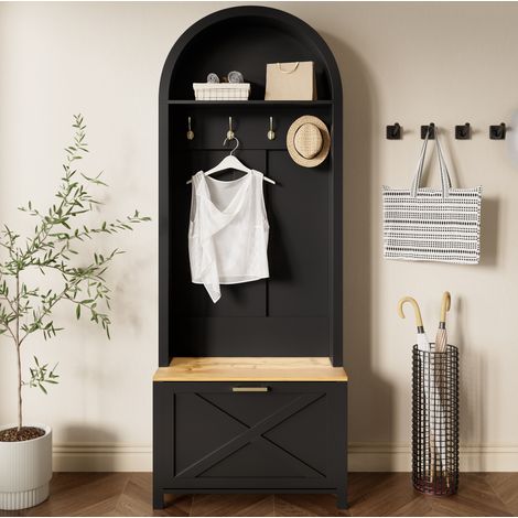 Vestiaire d'entrée 75x35x195 cm avec crochets, étagère et meuble à chaussures, en bois et noir (1/5)