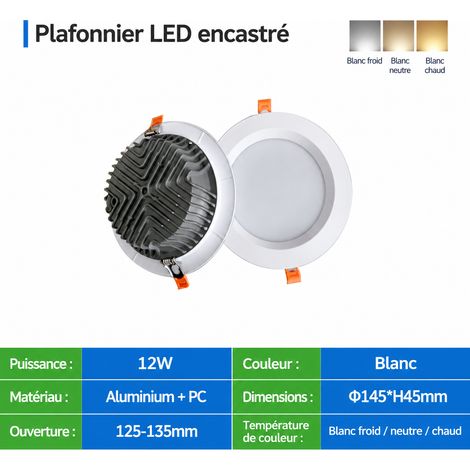 Spot encastrable LED COB 12W aluminium blanc chaud 3000K Ø145mm 12w 125-135 145mm 3000k 300 g – Livraison gratuite