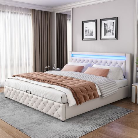 Polsterbett 180/200 cm weiß aus PU mit Bettkasten und LED-Beleuchtung (1/5)