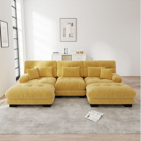 Divano modulare angolare U giallo in chenille con pouf, seduta profonda e cuscini di sostegno (1/5)
