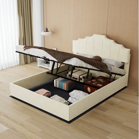 Letto contenitore 140x200 cm in tessuto beige con testiera, senza materasso – MEUBLIV (1/5)