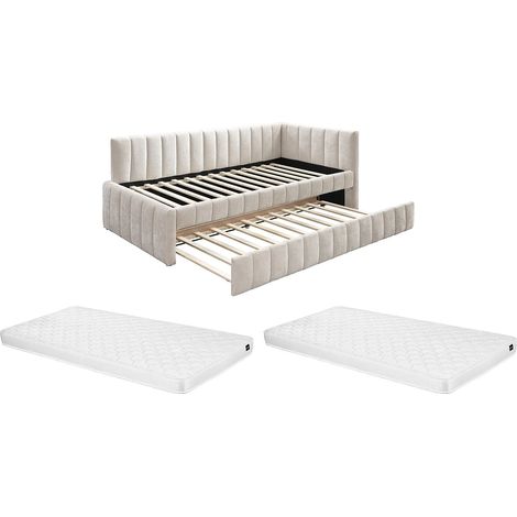 Lit banquette avec tiroir gigogne 90 x 190 cm - Tissu - Beige + Matelas - BAVOK (1/5)