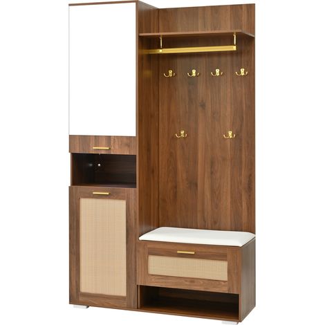 Recibidor con espejo, zapatero, perchero de pared, 6 ganchos dorados, banco y LED de 16 colores (1/5)