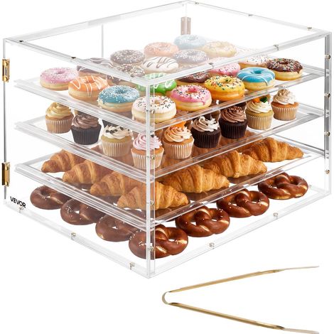 Vitrine Comptoir de Boulangerie 57x45,5x40,5 cm à 4 Niveaux, Présentoir à Pâtisserie en Acrylique Transparent, pour Présentation Biscuits Desserts Beignets Pains, avec Porte Arrière Magnétique (1/5)
