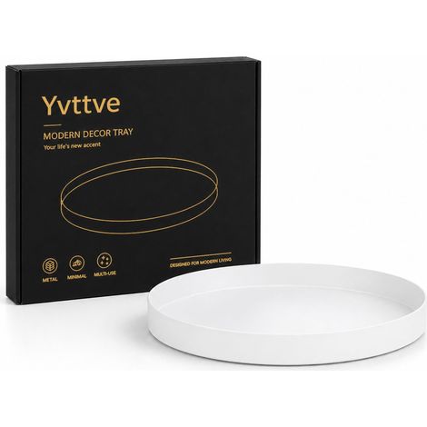 Plateau Rond Blanc en Métal, Plateaux Decoratif Bougie, Plateau de Service en Acier Inoxydable Bijoux et Maquillage Organiseur Assiette (Blanc, Ø 25 cm) (1/5)