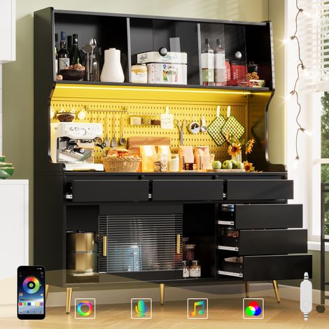 Armoire haute moderne LED avec appli, cuisine/salle à manger, tiroir + étagère + panneau perforé, 145x39x171 cm, noir (1/4)