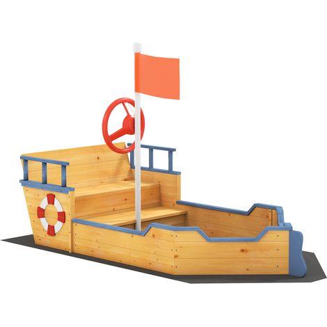 Bac à sable pirate en forme de bateau avec gouvernail, drapeau rouge, 2 marches et coffre de rangement pour enfant (1/5)