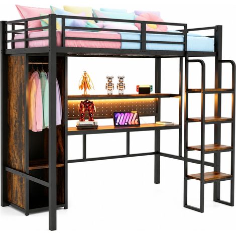 Lit mezzanine métal 90 x 200 cm avec grand bureau, armoire, étagère, LED multicolore et échelle verticale, noir, gain de place pour chambre ado – CHICFURN (1/5)