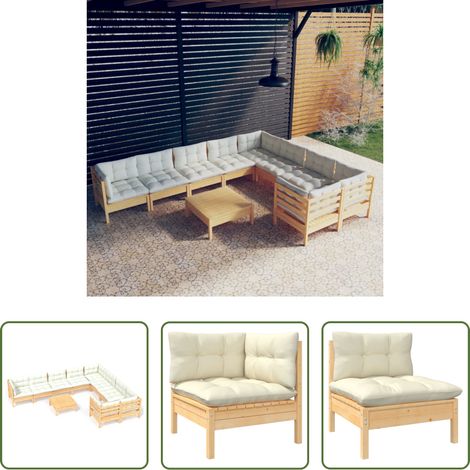 vidaXL Terrassenmöbel -  10-tlg. Garten-Lounge-Set mit Creme Kissen Kiefernholz (1/5)