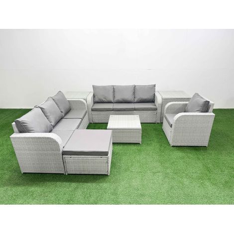 Fimous 8 Seater Poly Rattan Outdoor Garden Furniture Square Coffee Table Sofa Set Patio 3 Seater Sofa Reclining Chair 3 Seater Sofa Big Footstool 2 Side Table Light Grey (1/4)