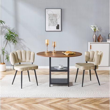 Set tavolo e 2 sedie, tavolo rotondo Ø107 cm, doppio vano, MDF, noce e tessuto beige (1/5)
