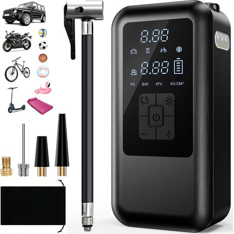 6000 mAh Mini-Elektroluftpumpe, tragbarer Luftkompressor, kabelloser Reifenfüller, 150 PSI, 4 Modi, mit Digitalanzeige, LED-Licht und wiederaufladbar für Motorrad- und Autoreifen (schwarz) (1/5)