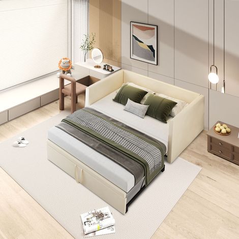 Canapé-lit convertible 90/180×200 cm, lit gigogne, lit multifonctionnel, lit rembourré avec sommier à lattes, velours beige (1/5)
