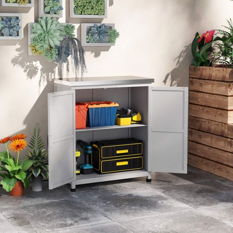 Armoire de jardin en bois, meuble de rangement extérieur avec plan de travail, 2 portes et étagère, gris, 79 x 43 x 92 cm (1/5)