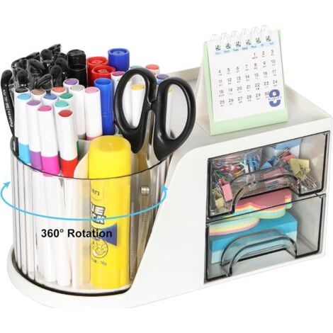 Organiseur de bureau multifonctionnel avec porte-crayons rotatif à 360°, organiseur de bureau à 6 compartiments et 2 tiroirs, rangement pour papier, blanc (1/5)