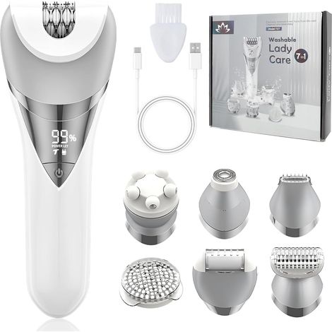 Épilateur Électrique Femme, 7 en 1 Rasoir Électrique Femme sans Fil avec 2 Vitesses, Affichage LED Rechargeable Épilateur Humide et Sèche pour Visage, Jambes, Bras, Aisselles, Bikini (1/5)