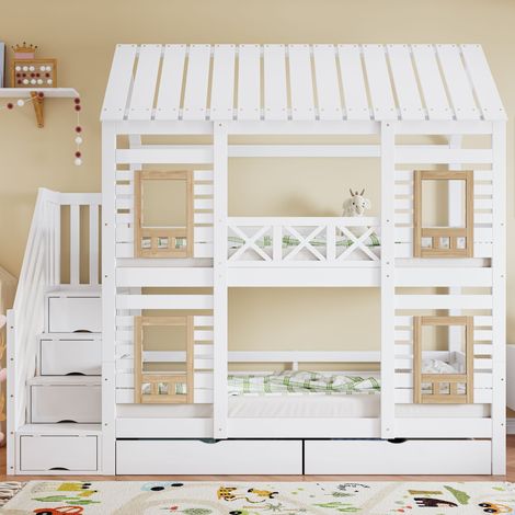 Lit superposé enfant 90x200 cm blanc/naturel pin+MDF,protection anti-chute,fenêtre,2 tiroirs roulants,échelle 4 rangements