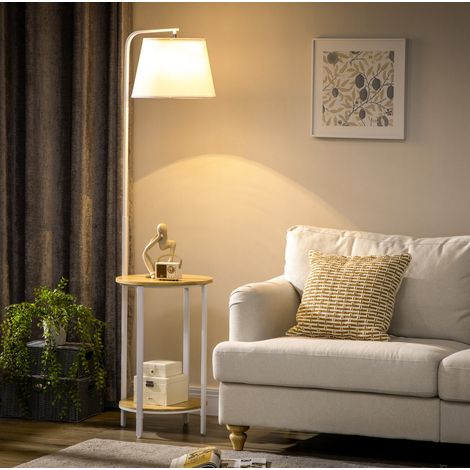 Lampadaire avec 2 étagères, 162 cm, abat-jour en tissu effet lin, blanc DESVIAE (1/5)