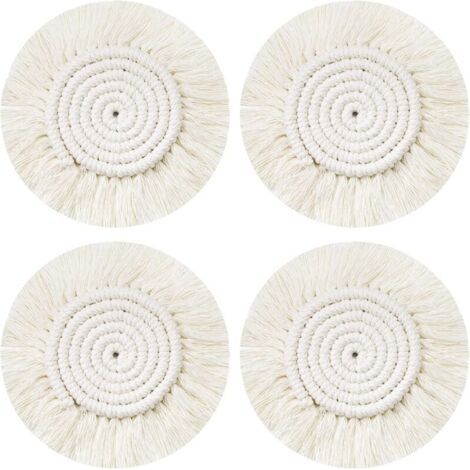Dessous Verre Napperon Tissé Main, 4Pcs Ronds sous-Verres Tressé Coaster Macrame, Boho Tapis de Café Boisson Bière Tasse Table Antidérapant Résistantes à la Chaleur Décoration de Table (1/4)