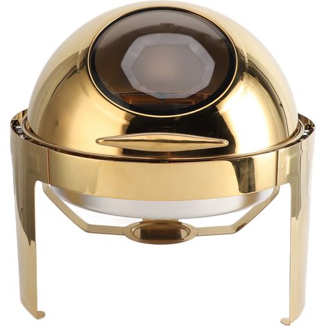 Chafing dish buffet 6L en acier inoxydable, chauffe-plats rond à alcool avec couvercle transparent, 2 compartiments, couleur or, idéal pour les événements, les fêtes et les vacances. (1/5)