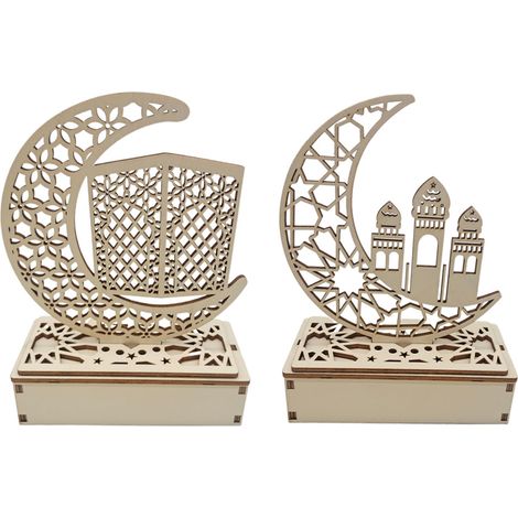 Lampe En Bois Led Ramadan - Décoration Croissant Et Étoile - Pour Eid Mubarak Et Fêtes - Lot De 2 Pièces (1/5)