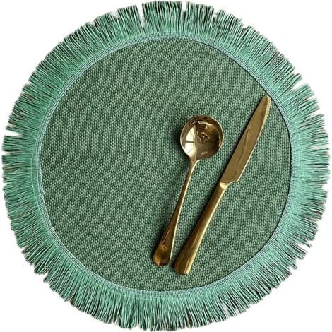 Set aus 6 runden Jute-Platzsets mit einfachen Fransen, zur Tischdekoration und Wärmedämmung (grün). (1/5)