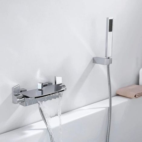 Mitigeur de baignoire douchette en laiton chromé, robinet cascade mural encastré, douchette salle de bain design, système 2-en-1, finition brillante, sans tuyau visible (1/5)