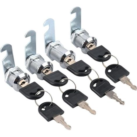 Set of 4 cylindrical metal cabinet locks with identical keys, drawer lock with 2 different lock plates (16 mm)