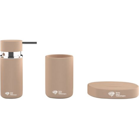 Swiss Aqua Technologies Set di accessori Infinitio Dosatore di sapone + Portasapone + Bicchiere, Ceramica, Marrone opaco