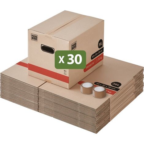 Pack and Move - Lot 30 Cartons Déménagement Livres Premium - 40 X 30 X 30 Cm - Extrême Résistance 30 KG - Poignées Renforcées - 2 Adhésifs Offerts