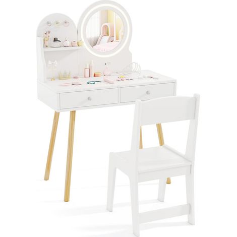 Pour se maquiller, lire ou dessiner, coiffeuse enfant avec chaise et miroir PVC lumineux blanc (1/5)