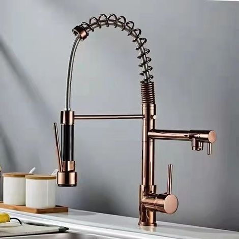 Spültischarmatur, Küchenarmatur mit herausziehbarer Brause, bleifreies Messing in Roségold, Einhandgriff, Einhebel, Federhebel, Spültisch-Mischbatterie mit 2 Modi S