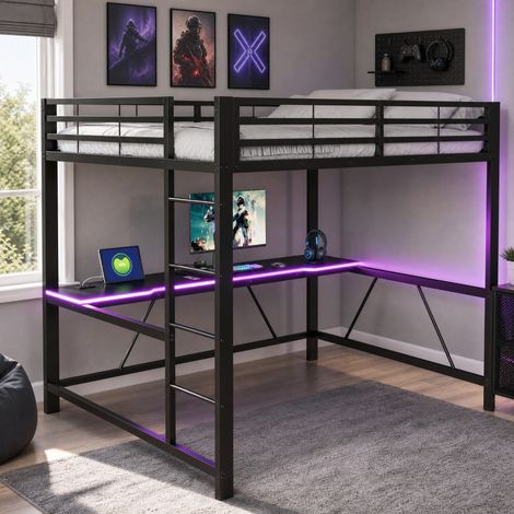 Letto a soppalco 160 x 200 con scrivania, LED e presa USB, nero HAVRYA (1/5)