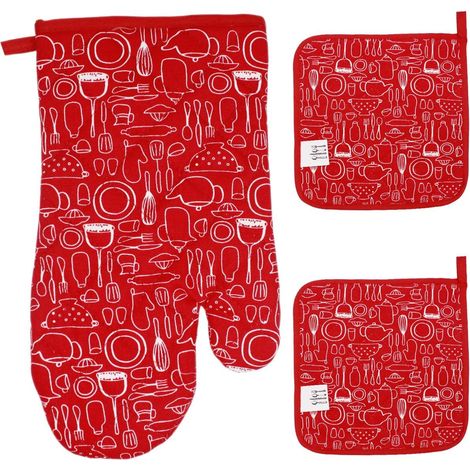 Ensemble de gants de cuisine et maniques, gants de cuisson résistants à la chaleur, 1 manique et 2 maniques, gants de cuisine pour la cuisine, la cuisson, la pâtisserie, le barbecue, 3 pièces (rouge)