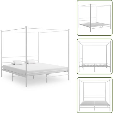 Cadre de lit à baldaquin sans matelas blanc métal 200x200 cm - Lit Plateforme - Lit Double - Cadre Lit Metal - Lit Design - Literie (1/5)